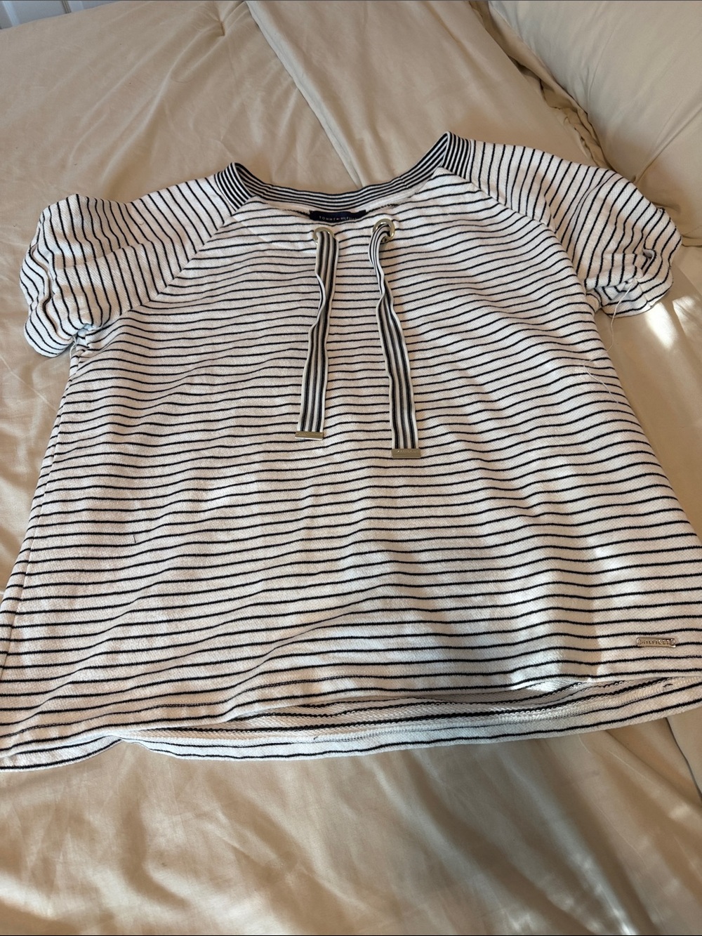 Tommy Hilfiger White Top with Black Stripes and Tie Neck